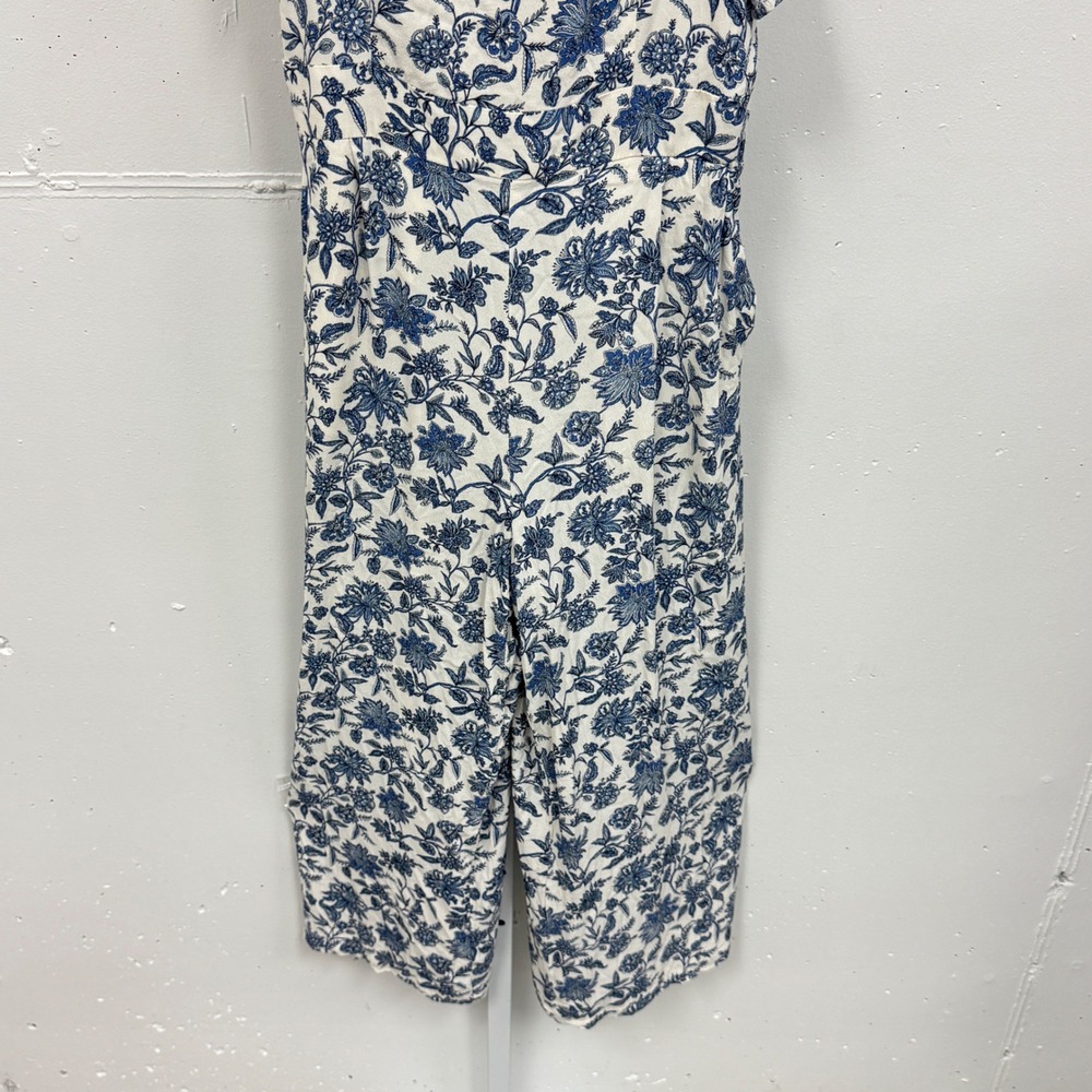 LOFT Floral Ruffle Wide Leg Jumpsuit Size 4 Sleeveless Pockets Blue White Summer - Picture 4 of 9